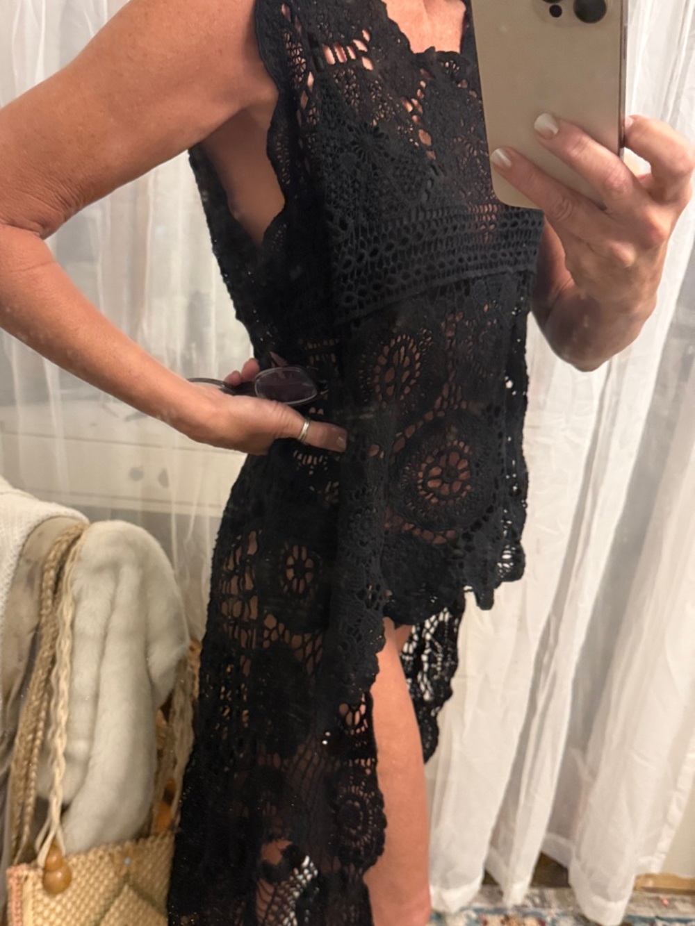 Adora Lace Crochet Black Women's Dress - Sleeveless High-Slit Cover-Up